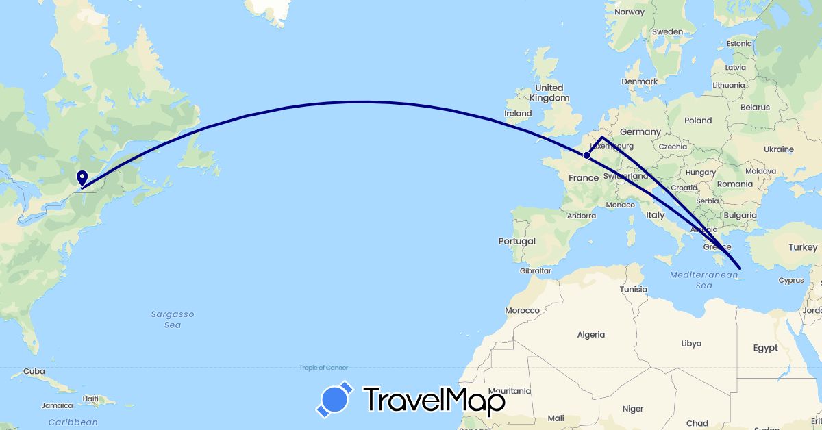 TravelMap itinerary: driving in Belgium, Canada, France, Greece (Europe, North America)